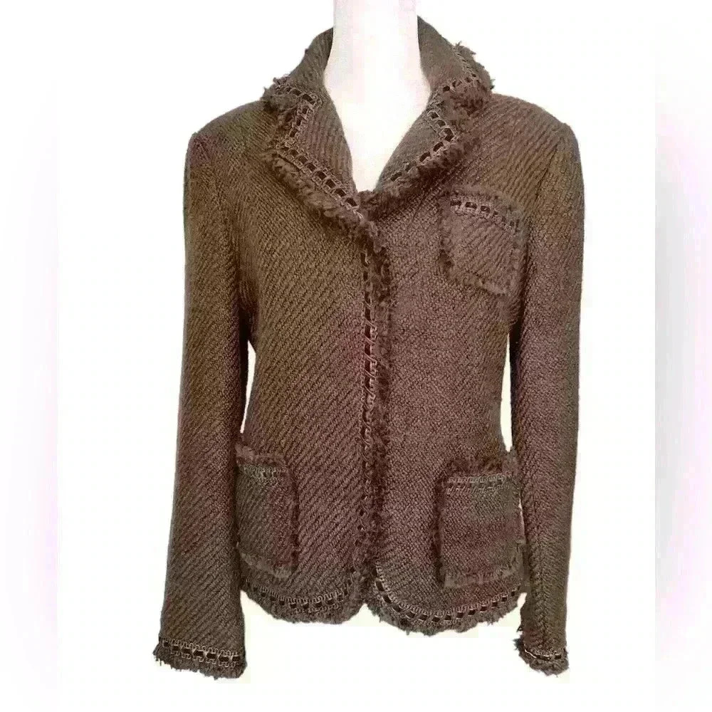 Dialogue Wool Blend Tweed Velvet Ribbon & Leather Trim Blazer Jacket . Size 6